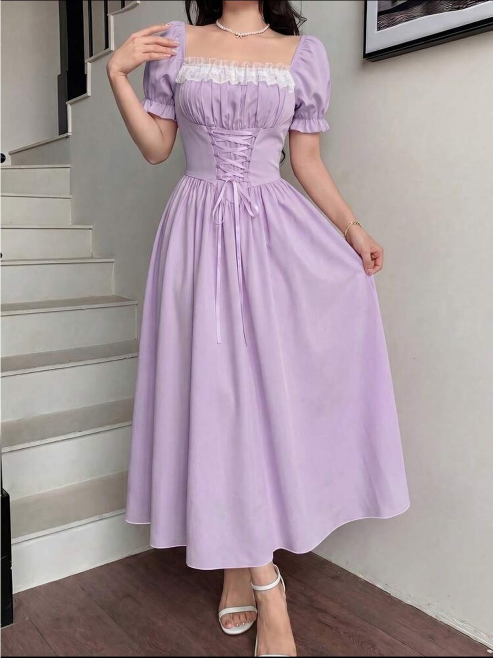 SHEIN Lavender Puff-Sleeve Corset Lace-Trim Midi Dress
